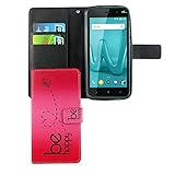König Design Handyhülle Kompatibel mit Wiko Lenny 4 Handytasche Schutzhülle Tasche Flip Hülle mit Kreditkartenfächern - Be Happy Design Pink