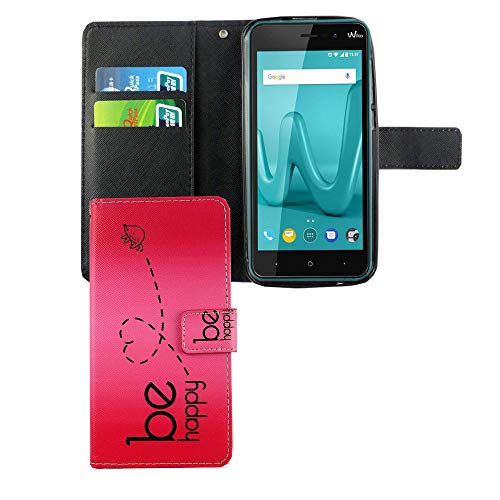 König Design Handyhülle Kompatibel mit Wiko Lenny 4 Handytasche Schutzhülle Tasche Flip Hülle mit Kreditkartenfächern - Be Happy Design Pink