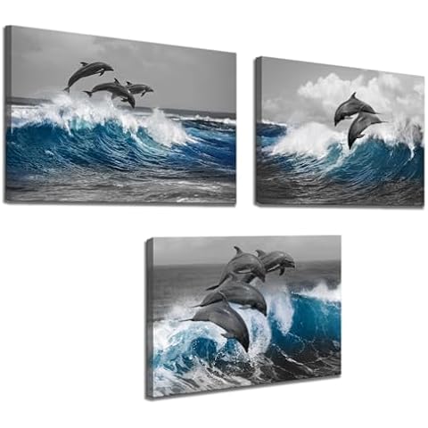 Biuteawal 3 Piece Dolphin Wall Art Grey Blue Ocean Sea Animal Picture Bathroom Decor Marine Painting Prints on Canvas Framed Home Child Bedroom Bathroom Wall Decoration Ready to Hang Cover