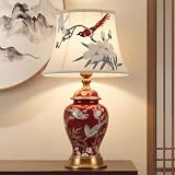 HvKvHvY Tischlampe Retro Keramik, Stoff-Nachttischlampe, Vintage-Leselampe für das Schlafzimmer, weißer Lampenschirm, Schreibtischlampe im modernen Stil, E27-Nachttischlampe für Hotel(D 52CM)
