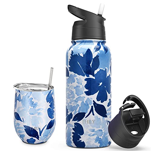 Thily 12 Oz Wine Tumbler And 32 Oz Water Bottle, Blue Maple #TOP23