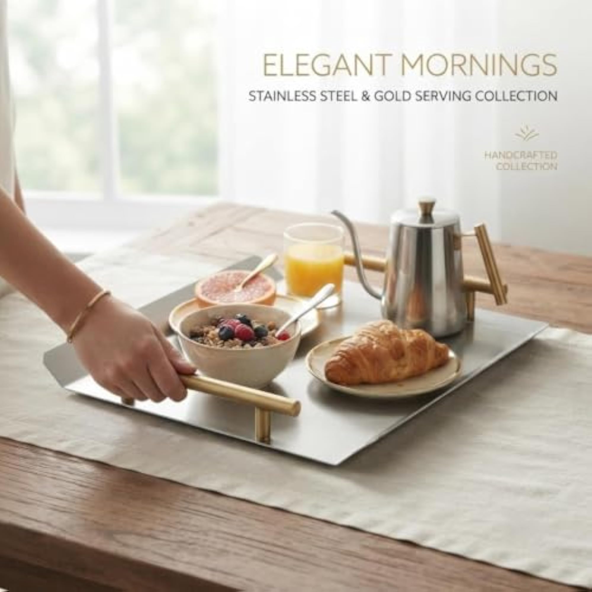 Luxury Stainless Steel Serving Tray with Gold Handle
