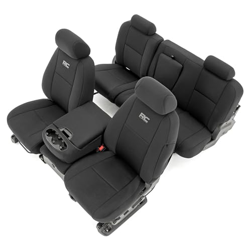 Rough Country Neoprene Seat Covers for Chevy Silverado & GMC Sierra 1500/2500HD (2007-2013) - Waterproof, UV Resistant, Foam-Padded Front & Rear Set w/Rear Armrest