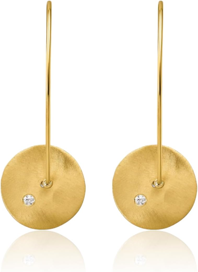 IceCarats 14K Solid Yellow Gold 0.08 carat Diamond Long Disc Threader Dangle Earrings 43.6mm 1 3/4 inch Round Cut, Natural, Prong Set, Satin For Her