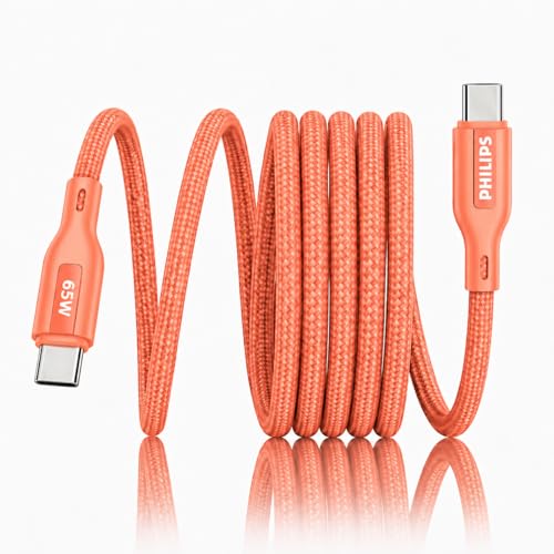 PHILIPS DLC4150CR/94 65W Type-C to Type-C Fast Charging Cable (1.5m, Coral Reef) | Nylon Braided | Compatible with iPhone 15+ Series, USB-C iPad Models, Samsung Galaxy & All Type C Devices