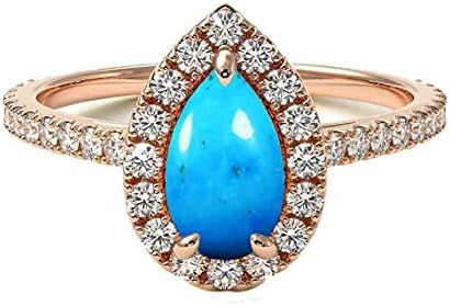 Gemsonclick Natural-Turquoise 18K Rose Gold Ring Pear Shape Halo Diamond Design Wedding Engagement Handmade and Fashion Jewelry for Women Girl Available in Size 7