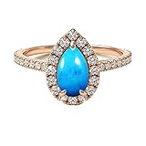 Gemsonclick Natural-Turquoise 18K Rose Gold Ring Pear Shape Halo Diamond Design Wedding Engagement H