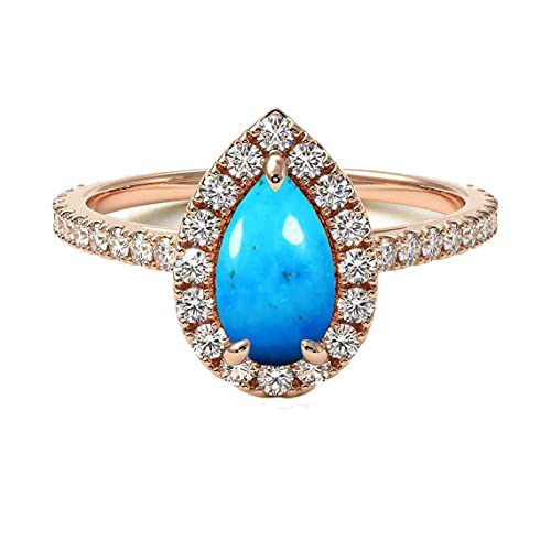 Gemsonclick Natural-Turquoise 18K Rose Gold Ring Pear Shape Halo Diamond Design Wedding Engagement Handmade And Fashion Jewelry For Women Girl Available In Size 7 #TOP2