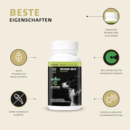 Wurm-Mix Pulver für Hunde – sekundierend zur Wurmkur – unterstützt ein wurmfeindliches Darmmilieu – mit CORVITALIS® Funktionskomplex – pflanzlich geprägtes Ergänzungsfuttermittel, kein Anthelminthikum