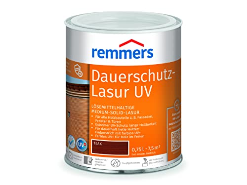Remmers Dauerschutz-Lasur UV teak, 0,75 Liter, Dekorative Medium-Solid-Lasur für Außen, auch für helle Farbtöne und farblos UV+, wetterbeständig