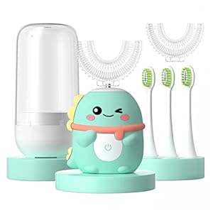 JIANLEJIA Children Electrical Toothbrush U Formed Toddler Auto Sonic Toothbrushes with 5 Brush Head,Cartoon Dinosaur Ultrasonic Toothbrushes for Kids 2-12 Years,360° Full Mouth Cleansing Automated