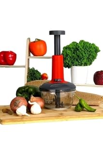 GHARSETU Manual Push Vegetable Chopper, Red and Black, for Onion Garlic Cabbage, Clear Bowl with Sharp Blade