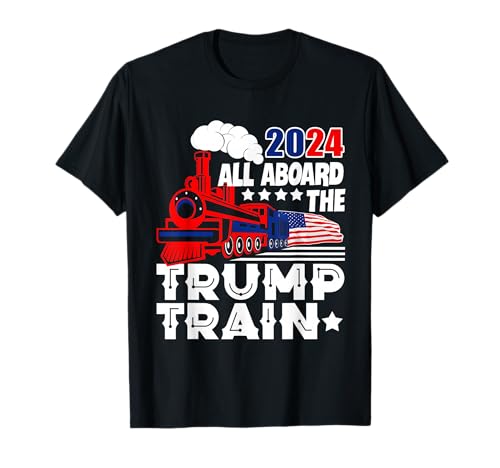 Trump 2024 All Aboard The Trump Train USA American Flag T-Shirt