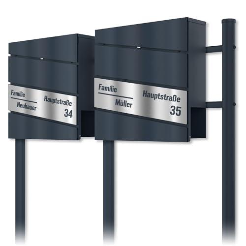 Graviers Design Moderner Briefkasten mit Standfuß Anthrazit RAL 7016 für 2er Familienhaus - Laserschnitt diagonal personalisiertes Edelstahl Gravur Schild - Postkasten mit Schloss Zeitungsfach