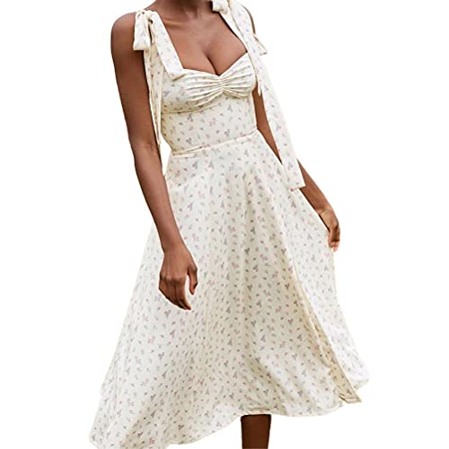 BTSEURY Summer Dress Floral Print Sleeveless Lace up Dresses for Party Seaside Slit Long Skirt Cover
