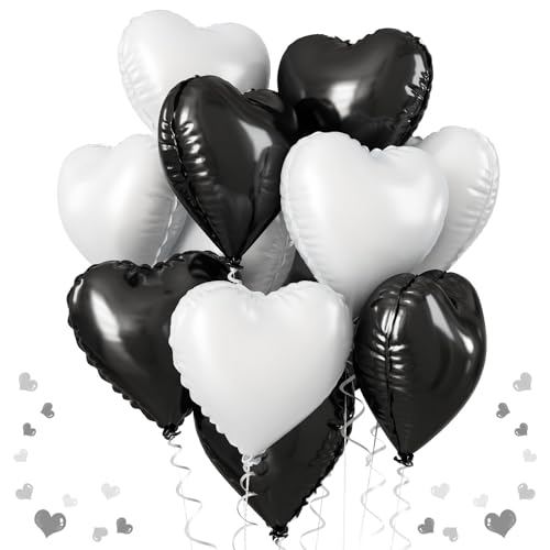 Black White Heart Balloons, 18 Inch Large Matt Black and White Heart Shape Foil Helium Balloon for Birthday Wedding Graduation Engagement Baby Shower Valentines Bachelorette Party Decoration