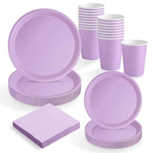 MAXI PRODUCTS - Conjunto de louça descartável festa 20 pessoas lavanda - 114 peças - copos cartão 270 cc pratos de cartão Ø 17 e Ø 20,5 cm guardanapos de papel 25 x 25 cm, utensílios para aniversários