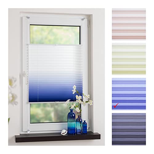 Liedeco® Klemmfix Plissee Farbverlauf verspannt inkl. Klemmträger /Breite x Höhe: 75 x 130 cm / Farbe: Blau / Plissee farbig zum Klemmen fürs Fenster / Sonnenschutz und Fensterdekoration innen / lichtdurchlässig und verstellbar / Innen-Montage ohne Bohren / 123 montiert / Falt-Plissee / Plissee-Rollo Sichtschutz Blendschutz