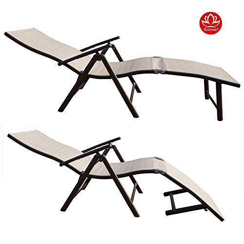Kozyard Cozy Aluminum Reclining Lounge Chair - Perfect for Beach, Yard, Pool, Deck, Patio Outdoor Chaise Lounge with Drink Holder, Weather Free, Adjustable Assemble Free (Beige with Red Strip Cushion)