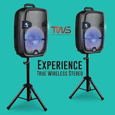 QFX PBX-616SM 15 Bluetooth Rechargeable Speaker with LED Lights, Mic and Stand, Black