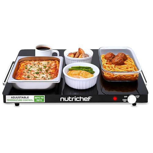 NutriChef Electric Warming Tray – Adjustable Temperature Food Heater for Buffets and Gatherings, Glass Surface, 54 x 42 cm with Control Knob and Cool-Touch Handles, Black