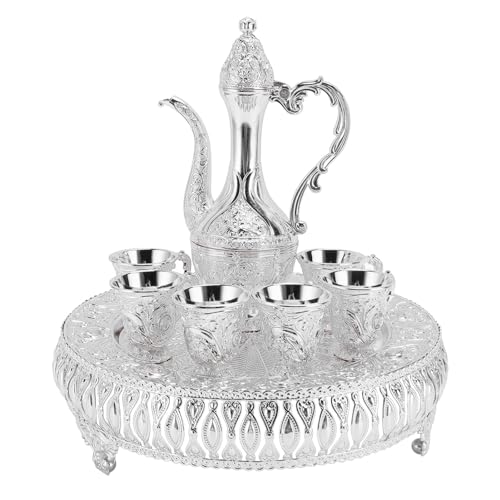 Turkish Tea Set Vintage Wine Pot Set Zinc Alloy Coffee Pot Set with 6 Cups Tray Pot, Retro Wine Pot Kit for Banquet, Gathering, Home, Bar(Silver)
