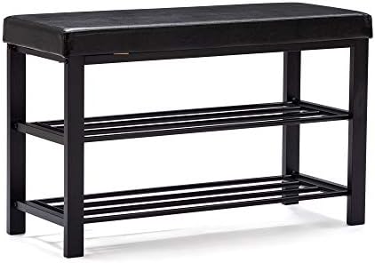 HNNHOME Canopus Shoe Bench, 3-Tier Shoe Rack Shelf Organiser with Padded Cushion Seat, Steel Frame, for Entryway, Hallway Living Room, Industrial Accent Furniture 81x32xH50 cm (Black, Faux Leather)