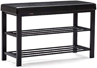 HNNHOME Canopus Shoe Bench, 3-Tier Shoe Rack Shelf Organiser with Padded Cushion Seat, Steel Frame, for Entryway, Hallway Living Room, Industrial Accent Furniture 81x32xH50 cm (Black, Faux Leather)