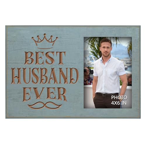 Yudarte Best Husband Ever Carving Picture Frame 4x6 Inches - Sweet Warming Marriage Photo Present for Men Guys Him - Unique Cyan Rustic Birthday Gifts for Work Husbands