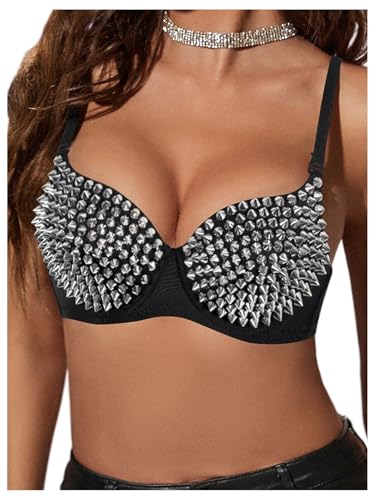 Women's Y2K Studded Bra Top Spaghetti Strap Goth Punk Cami Tops Silver
