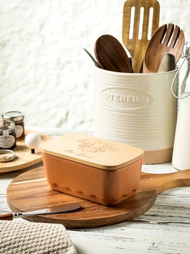 YHOSSEUN Butter Dish with Lid, Covered Butter Dishes for Countertop, Ceramic Butter Keeper Butter Holder with Sealing Gasket for East West Coast Butter Storage, HoneyBee Decor, Brown