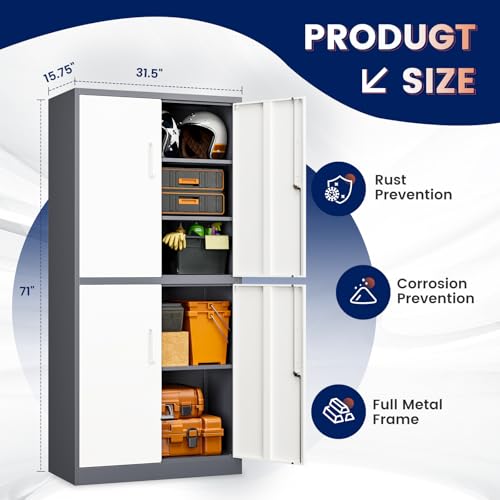 Image of Yizosh Metal Storage Locking Cabinet with 4 Doors and 2 Adjustable Shelves,71 inch Lockable Garage Tall Steel Cabinet,for Home Office,Living Room,Pantry,Gym,Commercial Storage (Gray White)
