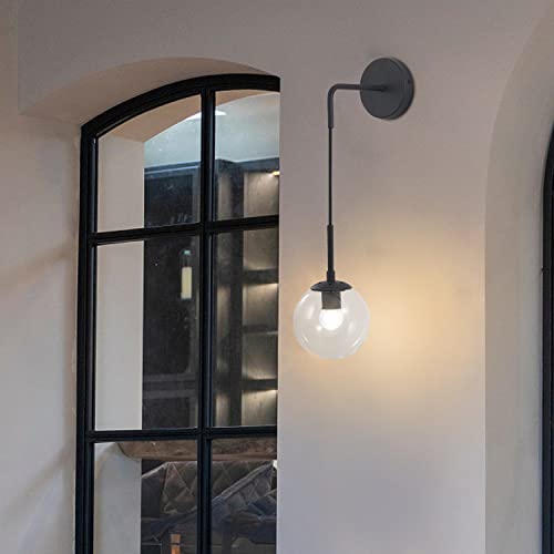 Image of BOKT Mid Century Modern Black Wall Sconce Light Clear Glass Globe Ball Wall Lighting Minimalist Adjustable Bedside Wall Lamp 1-Light Vanity Bathroom Wall Light Fixture (Black+Clear)