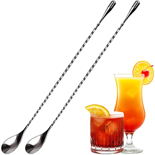 Stainless Steel Mixing Spoon, 2 Pcs 12 Inch Bar Cocktail Shaker Spoon, Long Handle Spoon with Spiral Pattern Teardrop End Design, Drink Stirrer for Home Bartender Use Silver Cocktails Coffee Tea Herbs