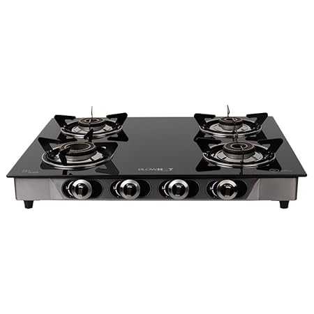 BLOWHOT Jasper Heavy Tornado Brass 4 Burner Auto Ignition Gas Stove Cooktop | Toughened Glass Cooktop | ISI Certified – Stainless Steel Frame Black