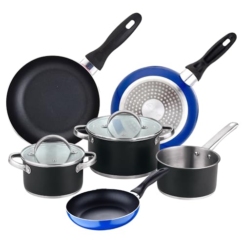 Batería de cocina 5 piezas: Ø16 Ø20 y Ø24 cm en acero inoxidable con tapas + Juego de sartenes Ø16 Ø20 Ø24 aluminio prensado, inducción
