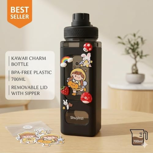 Image of LHOTSE Cute Square Water Bottle for School with Straw & Leakproof Lid - Large Capacity Kawaii Bottle for Kids, Girls & Office Usen 700 ML (Black)