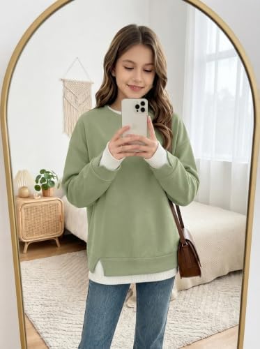 Peacameo Girls Layered Crew Neck Long Sleeve Sweatshirts Drop Shoulder Side Slit Kids Fall Winter School Pullovers 5-14Years Light Green — view 2
