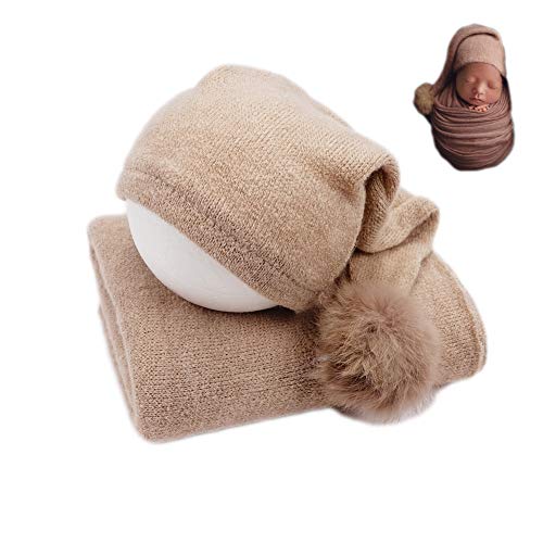 Zeroest Newborn Photo Props Blanket Set Photography for Babies Stretch Wrap Baby Boy Girl Photo Shoot Cloth Hat Outfits (Tan)