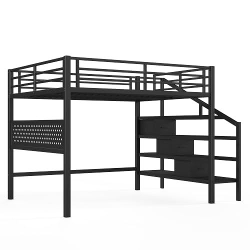 Image of Bellemave Queen loft Bed with Movable Desk and Storage Stairs, Shelves, Metal Loft Beds with LED Lights, USB Ports, Multifunctional Iron Nets for Adults, Kids, Teens, Black
