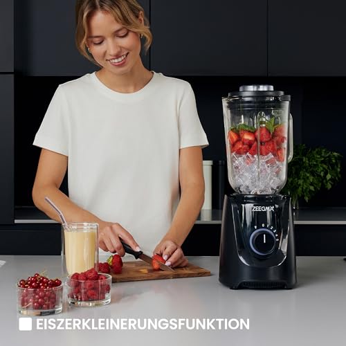 ZEEGMA GRAND VITAMINE BASE Mehrzweck-Standmixer Spitzenleistung von 1829 W, Bechermixer mit 2,2 l Glaskrug, 5 Geschwindigkeiten, 3 Betriebsmodi, 6 Messer, Ice Crushing, Smoothie