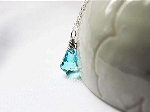 Turquoise blue necklace, Swarovski crystal necklace, teardrop pendant, seafoam green, Simple necklace, sterling silver, Clear vial water