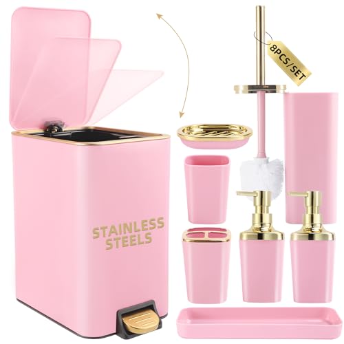 XLHOMO Pink Bathroom Accessories Set 8 Piece Pink and Gold Bathroom Set, Bathroom Sets with Stainless Steel Trash Can,Toilet Brush,Toothbrush Set,Soap Dispenser by XLHOMO - Used condition - US$47.02