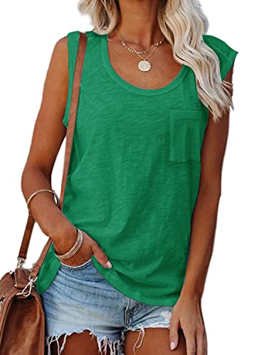 Yexipo Womens Scoop Neck Tank Tops Sleeveless Summer Casual Loose Fit Blouses Shirts Tank Top With Pocket Green #TOP22
