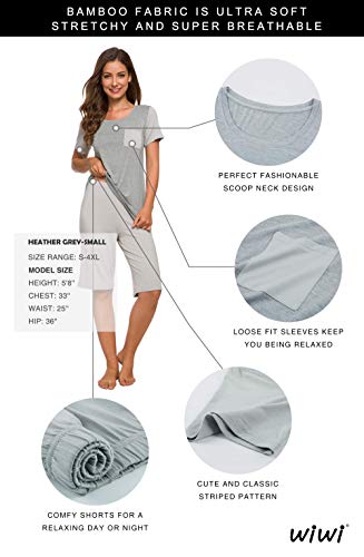 Wiwi Bamboo Pajamas Set For Women Short Sleeve Top With Shorts Pajama Sets Summer Plus Size Pjs Soft Loungewear S-4X, Wine, Small #TOP3