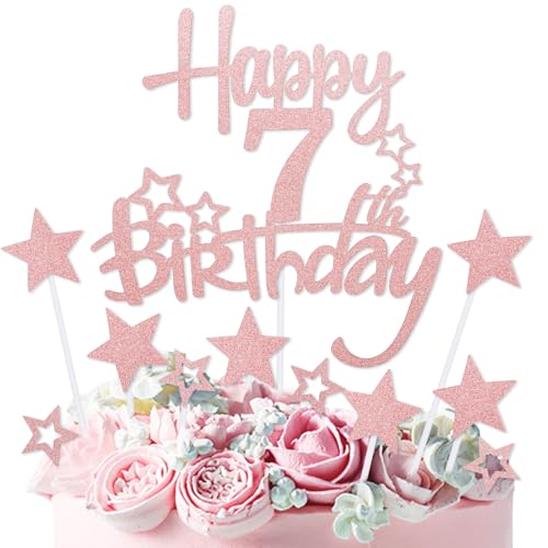 mciskin Décorations de gâteau d'anniversaire « Happy 7th Birthday » or rose pour filles, femmes, décorations de fête personnalisées pour filles et femmes