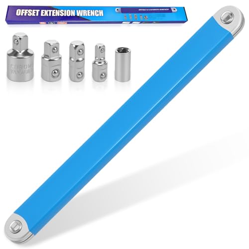 Offset Extension Wrench, 15"" Heavy Duty Ratchet Extension Wrench, Aluminum Alloy Zero Degree Universal Extended Socket Wrench with 1/2"" 1/4"" 3/8"" Square Drive Adapters for Tight Space