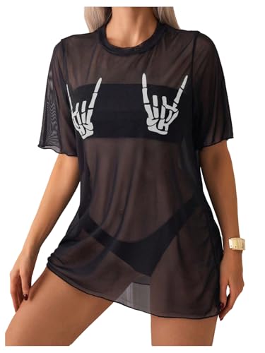 WDIRARA Women's Skeleton Sheer Mesh See Through Short Sleeve Swimsuit Cover Up Tops
