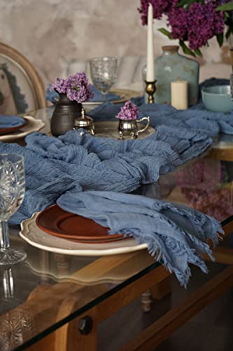 Set Of 5 Pcs Handmade Cheesecloth Wrinkled Density Gauze Napkins 16.5X16.5 Inches Rustic Boho Table Accessory With A Fringe (Dusty Blue) #TOP9