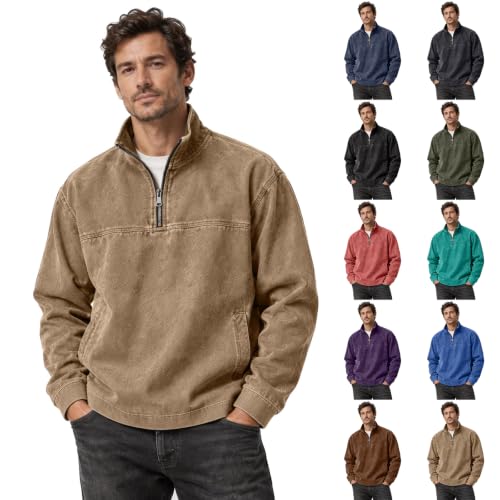 Denim Shirt Men Washed Vintage 1/4 Zip Pullover Shirt with Pockets